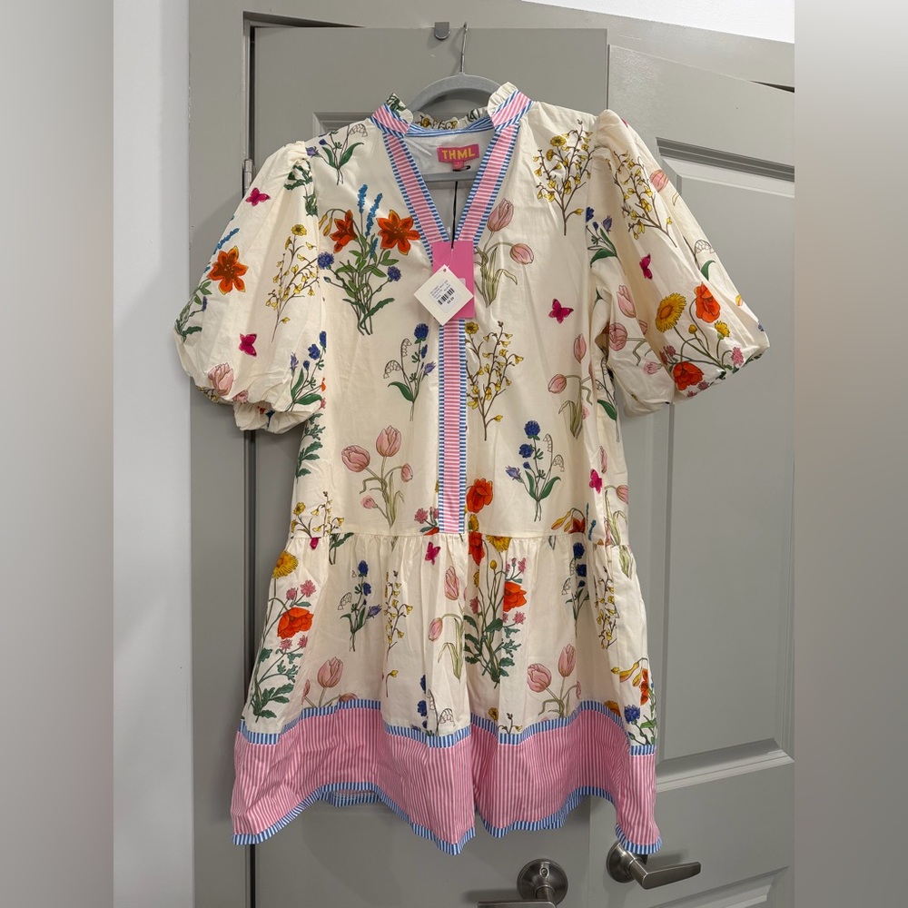 THML Cream Floral Dress with Pink & Blue Stripe Trim